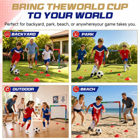 Two Pack Easy Fold Pop Up Kids Soccer Goals in use at backyard, park, indoor, and beach settings with kids playing
