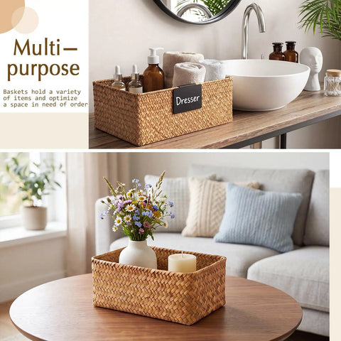 Top Shelf Seagrass Basket Set Features Six Dang Good Pantry Organizers With Snazzy Pre Printed Labels For A Spotless Home Makeover Across Closets Counters And Mudrooms Anywhere in a living room and bathroom setup.