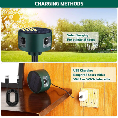 Two Pack Solar Indoor And Outdoor Motion Alarm With Ultrasonic Deterrent 360 Degree Detection Animal Repellent Gunshot Sound For Home Security Three Modes Eco Friendly Solar Powered USB Backup showing solar and USB charging methods