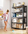 Woman cleaning near Four Pack Beefy Heavy Duty Garage Shelving Unit Set With Boltless Steel Racks Five Adjustable Tiers Storage