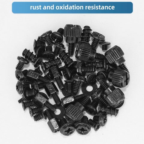 Close-up of assorted black screws from 400Pcs Computer Screws Assortment Kit With Screwdriver And Standoffs For Universal Motherboard.