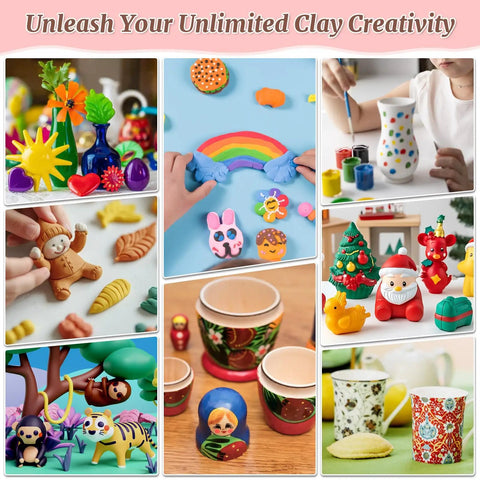 8 Lb Air Dry Clay Kit With 100Ml Gloss Glaze Varnish And 27-Piece Pottery Tools Sculpting Set, Go-To Starter For Adults, Easy Kneadable Modeling Clay For Beginner DIY Craft Gift, showcasing colorful clay creations.