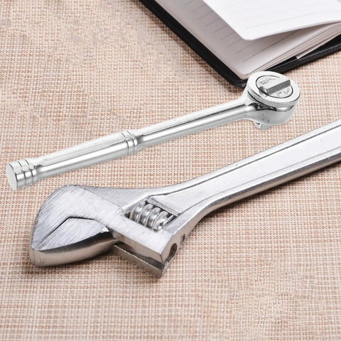 Heavy Duty 3/8 Inch Drive Ratchet Socket Wrench With Smooth Reversible Action And Quick Release Handle on a textured background.