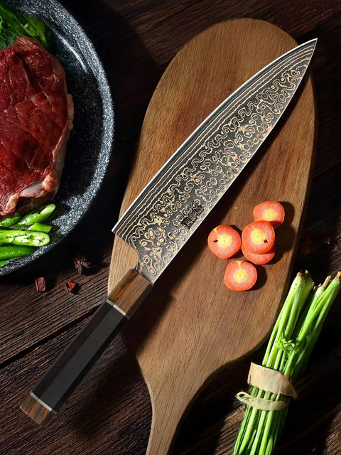 8 Inch Damascus Chef Knife 33 Layer Copper Pattern V Shaped Blade on cutting board with carrots and meat.