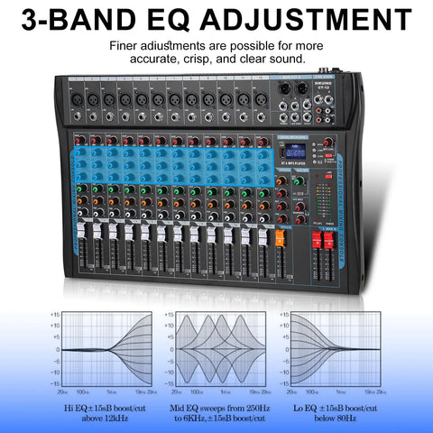 3-band EQ adjustment on 12 Channel USB Audio Mixer With Built In 16 Bit DSP Effects, Bluetooth Karaoke Studio DJ Mixer