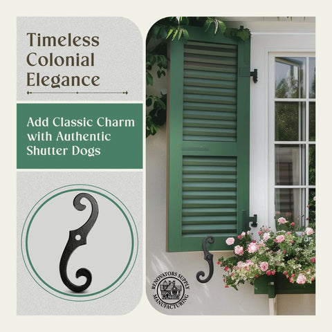 Green external shutter with 6 Pack 6.5 Inch S Style Cast Iron Shutter Dogs With Rust Resistant Powder Coated Finish External Shutter Tieback Hardware Mounting Screws Included No Fuss Easy Install.