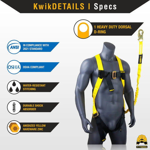 Scorpion Built Tough Full Body Safety Harness With 6ft Tubular Lanyard For Fall Protection ANSI OSHA Certified displayed on mannequin.
