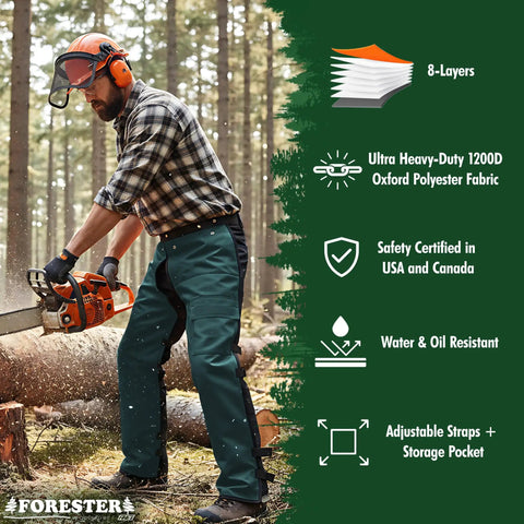 Man wearing Apron Style Chainsaw Chaps for Men and Women with Pocket and Adjustable Waist Forest Green 37 Inch Pro Grade Chainsaw Safety Gear.