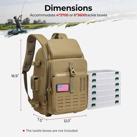 Fishing Tackle Backpack With Rod And Gear Holder For All Day Outdoor Use Lightweight Water Resistant Khaki next to tackle boxes.