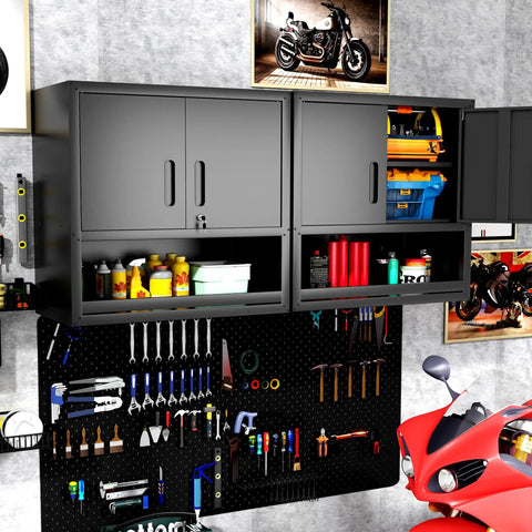 Premium Heavy Duty Wall Mounted Metal Storage Cabinet Lockable Garage Tool Organizer Hanging Workshop Box with tools and supplies.