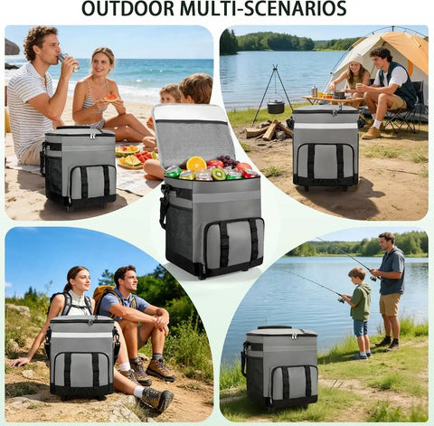 60 Can Rolling Cooler Bag With Wheels Leakproof Insulated Soft Cooler Ice Chest by a picnic and fishing scene outdoors