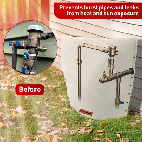 Cold Snap Backflow Preventer Insulation Cover For Outdoor Sprinkler System 3-Way Custom 24W X 24H Keeps Your Pipes Safe In Winter UV Shield Freeze Protection Beige installed on garden pipe to prevent leaks.