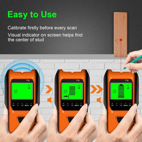 Smart 5 In 1 Stud Finder And Wall Scanner with Battery showing calibration and detection modes on electronic display.
