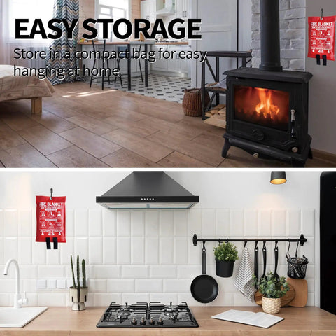 Fire Blanket For Kitchen And Home 40 By 40 Inches, Fiberglass Emergency Safety Blanket in a red pouch hanging in kitchen and living room.