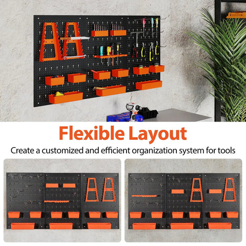 4 Ft Metal Pegboard Tool Organizer With Heavy Duty Hooks And Bins For Garage And Workbench, black panels with orange bins.