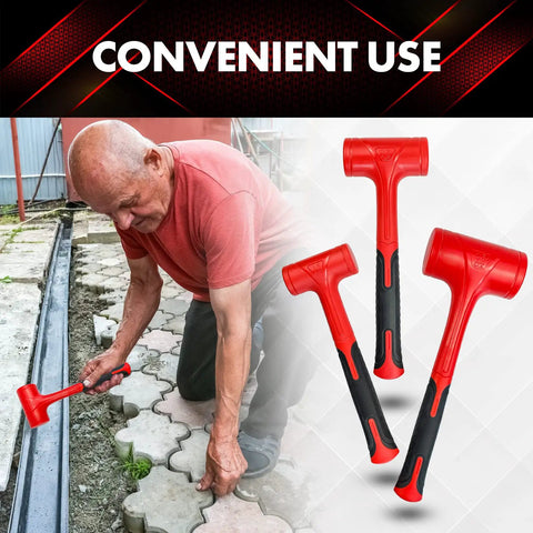 Man using Two Piece Dead Blow Hammer Set With 16oz And 27oz Ball Pein Mallets for tile paving, red and black grip, no rebound.