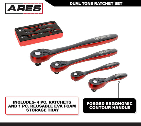 Dual Tone 72 Tooth Ratchet Set With Easy Quick Release Sockets, 4 Piece Including 1/4, 3/8, 1/2 Inch Drives, Stubby 3/8, Chrome Vanadium Steel
