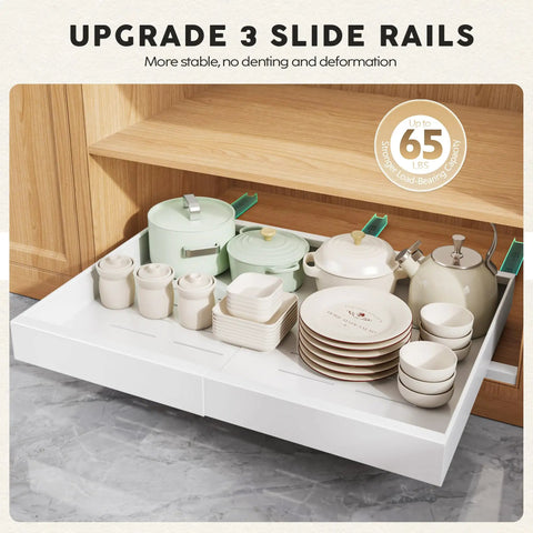 Four Pack White Pull Out Cabinet Organizers 21 Inch Deep Roll Out Shelves Heavy Duty with cookware and dishes in kitchen cabinet