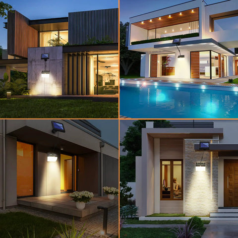 Solar Motion Lights Outdoor With Split Solar Panel illuminating houses and gardens, showing 270 Degree Wide Lighting Angle at night.