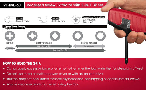 Hand holding 2 Piece Stripped Screw Extractor Kit With 6.25 Inch Screw Removal Pliers And Recessed Screw Extractor, instructional guide visible.