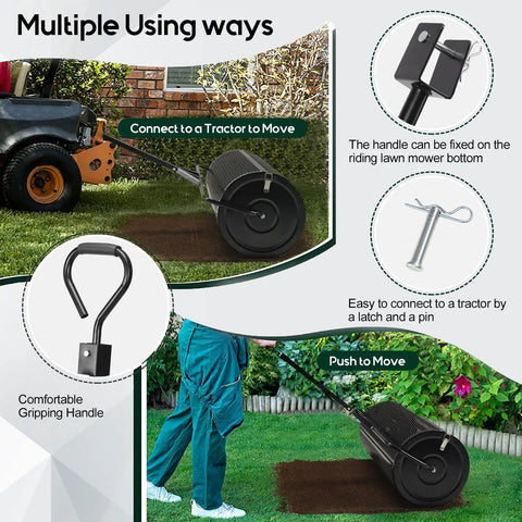 Compost And Peat Moss Spreader With 2-In-1 ATV And T Shaped Handle 44 Inch Rolling Width 5.6 Cubic Feet Capacity in use with tractor