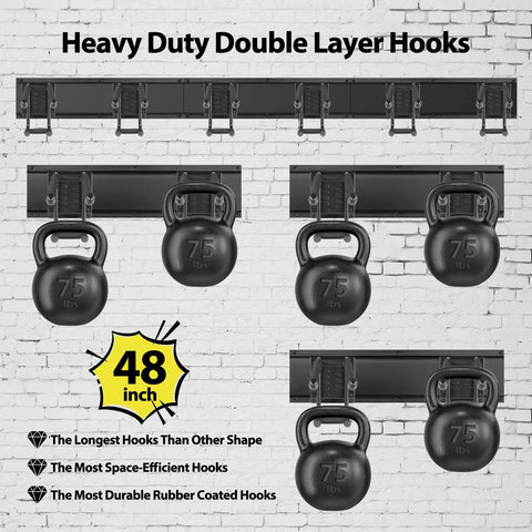48-Inch Wall Mounted Garage Tool Organizer Rack with heavy duty double layer hooks holding multiple 75 lb kettlebells.