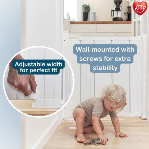 Auto Retractable Stair Gate for Doorways and Stairs, Fits 21.7 to 32.3 Inch Openings, child adjusting white safety gate indoors