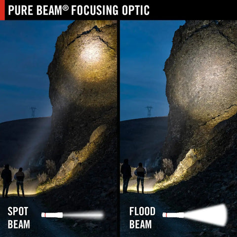 Dual Color LED Headlamp With Twist Focus, 700 Lumen White And Red Beams demonstrating spot and flood beams against a rock face