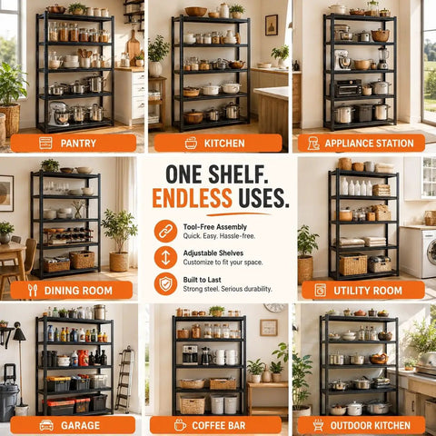 4 Tier Bolt Free Kitchen Storage Shelves With Adjustable Detachable Metal Tiers in various home settings