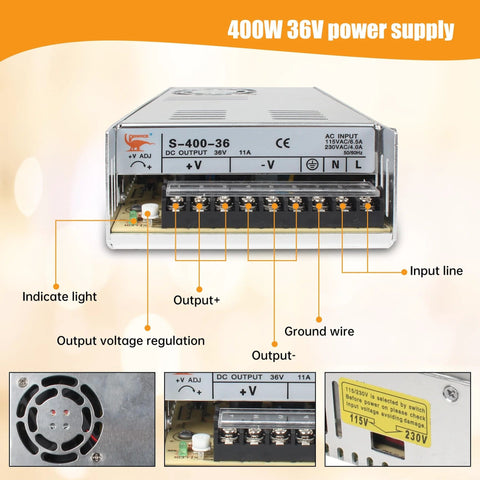 400W 36V DC power supply for Nema 23 CNC stepper motor kit with labeled outputs and input lines