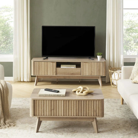 Lift Top Coffee Table With Hidden Storage, Mid Century Modern Farmhouse Design, Fluted Oak Finish Living Room Centerpiece view with TV on stand.