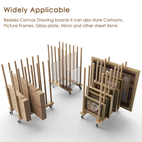 Rock Solid Beechwood Art Storage Rack With Locking Casters For Canvas Boards Frames And Drawing Panels holds various art supplies.