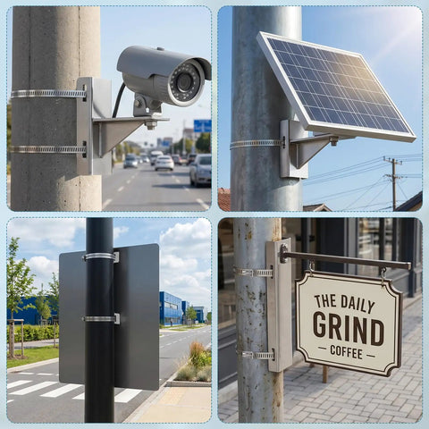 Rock Solid Heavy Duty Sign Mounting Brackets For Large Poles 4 To 15 Inches Stainless Steel Clamp Kit on utility poles