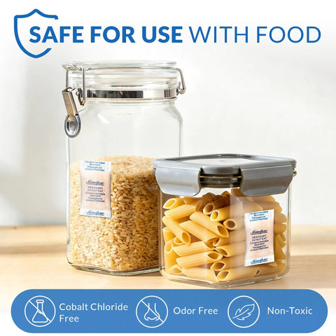 Three Hundred Super Handy Color Indicating Silica Gel Desiccant Packets Half Gram Each Packed In Resealable Ziplock Bag in glass jars with rice and pasta.