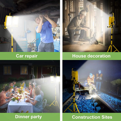 Beastly Bright 25,000 Lumen Dual Head LED Work Light illuminating car repair, house decoration, dinner party, and construction sites.
