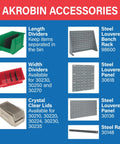 Akrobin accessories including dividers, lids, bench rack, panels, and rail on a product list.