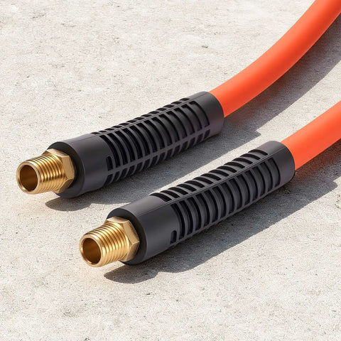 Close-up of connectors on Heavy Duty 1/2 Inch by 250 Foot Air Hose, 300 PSI, Hybrid PVC Rubber Construction, Kink Resistant