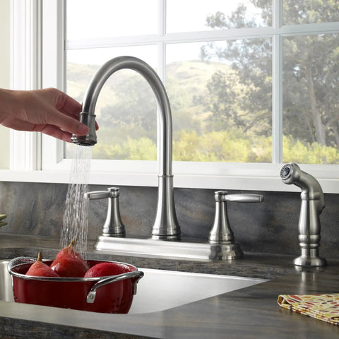 Glenfield 2-Handle High Arc Kitchen Faucet With Side Sprayer In Stainless Steel ADA Compliant Ceramic Disc Valve Tech Tri-Flow Water