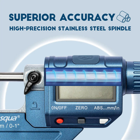 Close-up of Shop Grade Digital Outside Micrometer With Large Display 0 to 1 Inch Range Accuracy 0.002mm showing spindle detail.