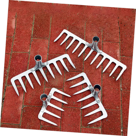 Four 11-Prong Steel Grass Plowing Rakes Heavy Duty Garden Tool For Soil Tilling And Hay Raking on a brick surface