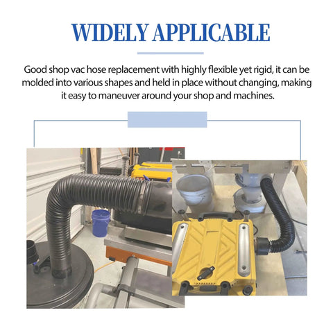 2 1/2 Inch Flexible Dust Collection Hose connected to a dust separator, showing black ribbed design in a woodworking shop setting.