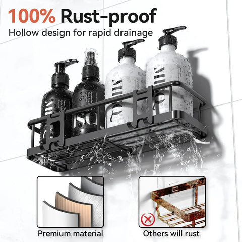 Adhesive Shower Caddy Kit Rustproof Bathroom Organizer With Soap Holder No Drill Heavy Duty Hanging Shelves Inside Shower Space Zero Fuss Setup Rock Solid Storage Rack Six Piece Black with soap bottles and water drainage.