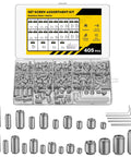 405 Piece Metric Set Screw Kit With M3 M4 M5 M6 M8 Threads 24 Lengths Durable 304 Stainless Steel Includes Five Allen Wrenches For Quick Easy Install And A Handy Secure Fit In Any Repair Or Assembly Job., 405-piece stainless steel set screw kit with assorted metric sizes and Allen wrenches