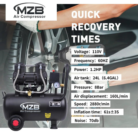 Image of 6.4 Gallon Ultra Quiet Air Compressor With Steel Tank And Wheels Oil Free 70 Decibels 110V for auto repair.