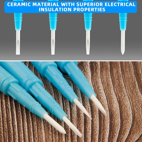 4 Piece Plastic And Ceramic Non Conductive Slotted Screwdriver Set For Precision Electronics Repair Circuit Adjustment And Watchmaking With Top Shelf Insulation And Hella Robust Design - close-up view of ceramic tips with blue plastic grips.