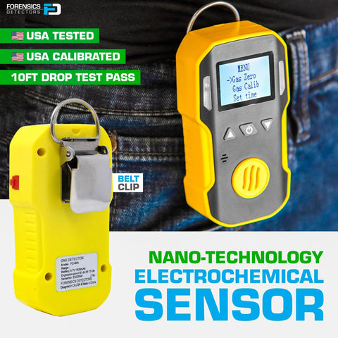 CO2 Meter For Incubators With NIST Calibration USB Rechargeable And Adjustable Alarm System, Loud Audio Visual And Vibration Alerts, 0 To 10 Percent CO2 Range 0.01 Percent Resolution Dual Beam NDIR Sensor clipped to a belt