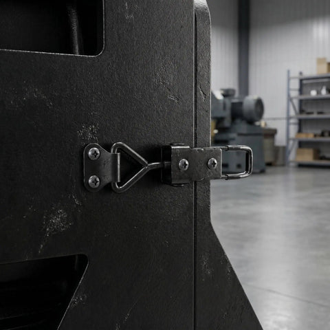Heavy duty black adjustable toggle clamp securely locking gear cabinet for zero shake and gaps in tough projects.