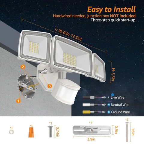 Motion Sensor Outdoor Flood Lights LED 60W 6200LM IP65 Waterproof 6500K with 3 adjustable heads installation guide