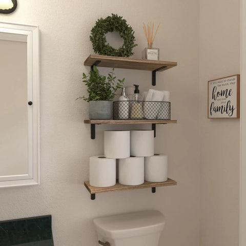 Premium Set Of Six Rustic Brown Floating Wall Shelves Straight featuring bathroom organization with towels and toiletries.