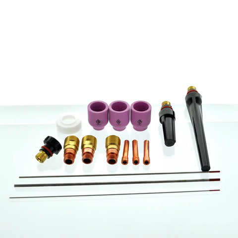 SGL KITM TIG Accessory Kit With Stubby Gas Lens And 4GL Tips, consumables displayed, includes 1 by 16, 3 by 32, and 1 by 8 sizes